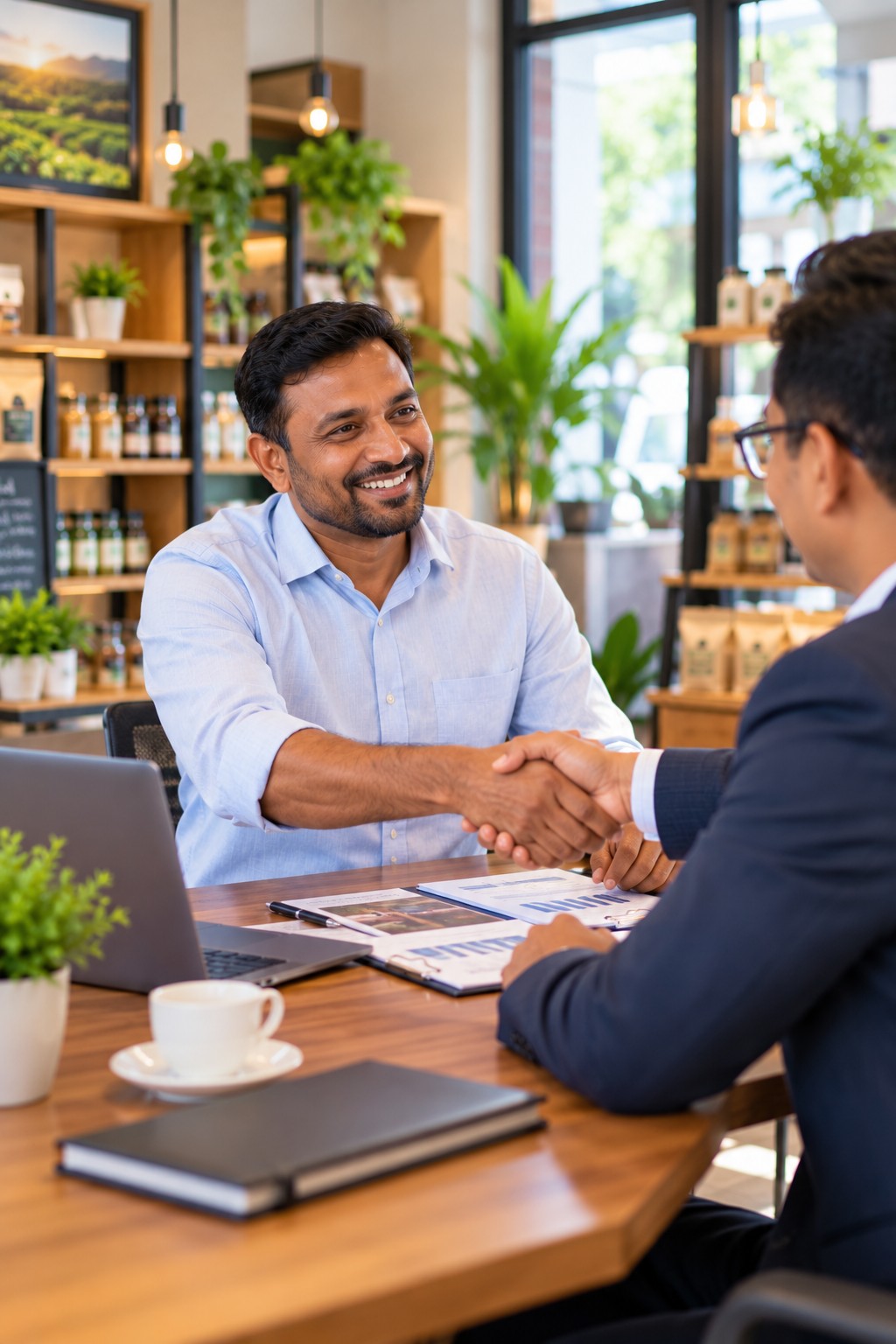 Business owner and advisor shaking hands across a table