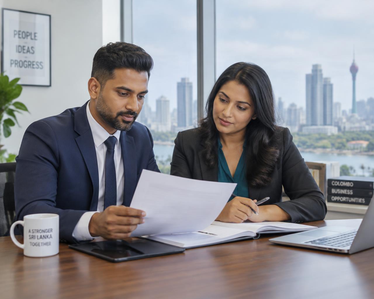 Two Sri Lankan business advisors reviewing documents in a Colombo office